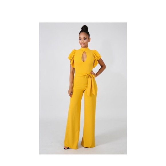Pants - Women’s Mustard Ruffle Sleeve Wide-Leg Jumpsuit